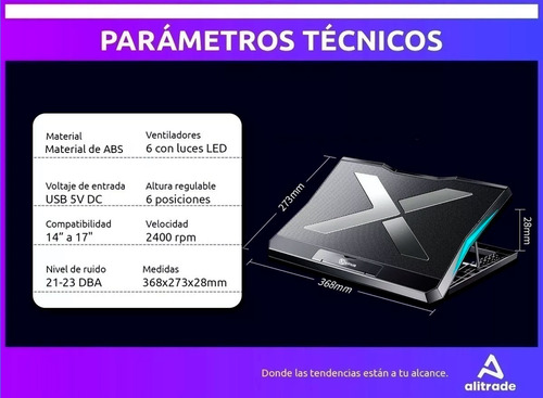 Imagen 7 de 10 de Base Soporte Cooler Notebook 14 A 17p Luz 6 Alturas 6 Fans