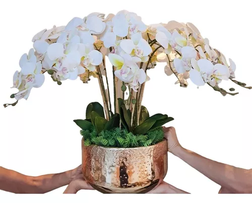 Arranjo Orquídea Branca No Vaso Dourado Martelado Luxo Xxg