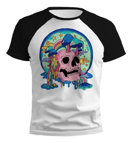 Remera Calavera Hongos Multicolores Ranglan