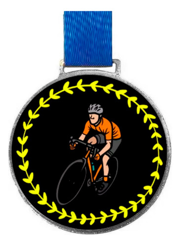 Medalha De Ciclismo C/fita Azul 50mm Personalizada 1 Fit