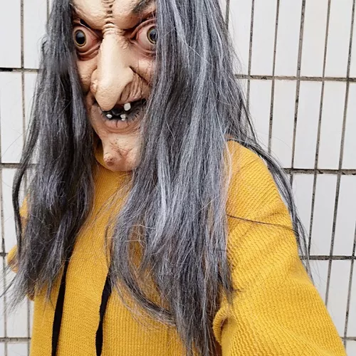 Máscara de bruxa assustadora de velha, máscara de bruxa assustadora de  Halloween com cabelo preto e chapéu de látex olhos verdes Bruxa máscara  facial