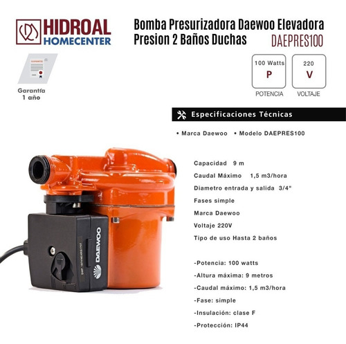 Bomba De Agua Presurizadora Daewoo 100w 25l/min 9m Rowa