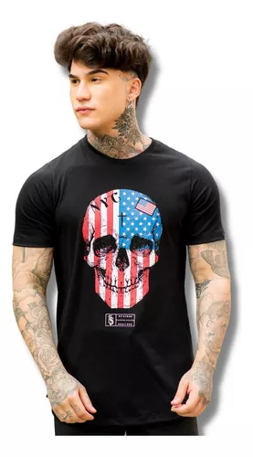 Camiseta Camisa Longline Masculina Caveira Estados Unidos USA