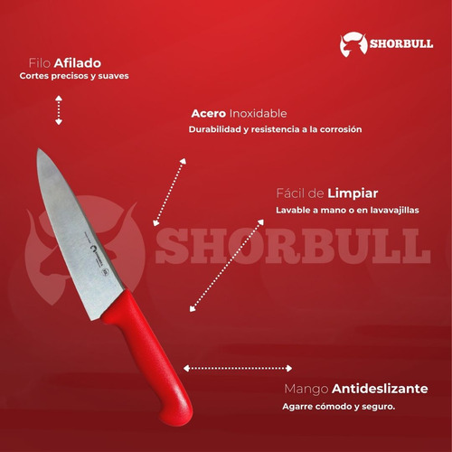 Cuchillo Chef 8 Rojo Shorbull Acero Inox Profesional 20 Cm