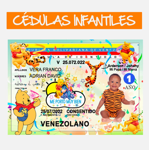Cédula Infantil Diseño Winnie Pooh, Juguetes Para Niños