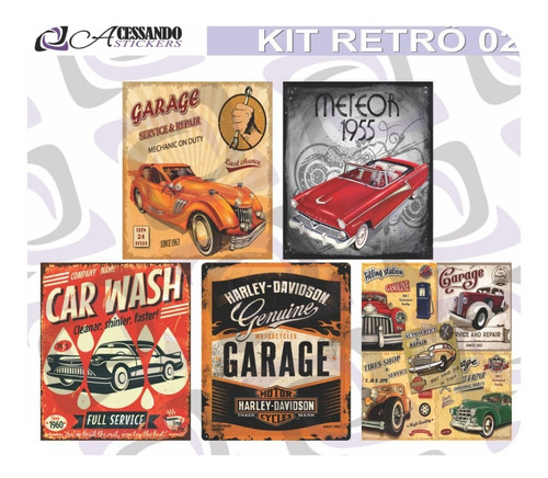 Kit Com 5 Adesivos De Parede Retrô Carro Placa Vintage Kit-2