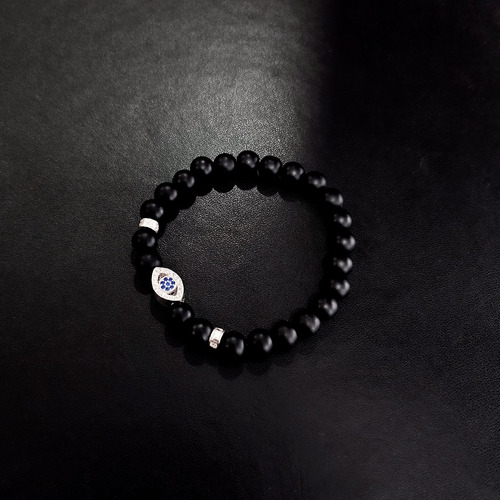 Pulsera Brazalete Plata Ojo Turco Hombre Ónix Y Zirconia Color Negro Diámetro 5 Largo 20 Cm
