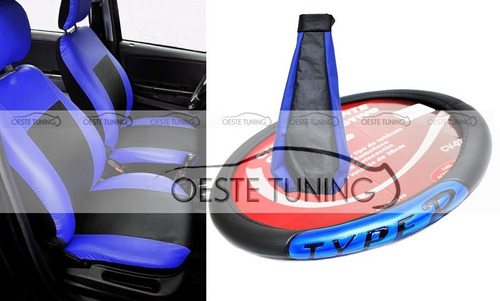 Fundas Cubre Asientos Cuero + Cubre Volante + Cofia Azul