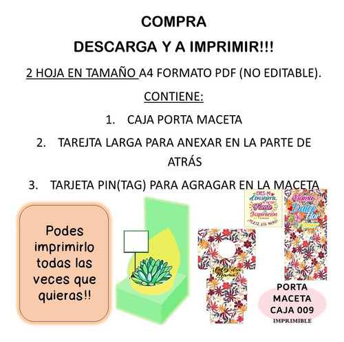 Imagen 3 de 3 de Kit Imprimible Caja Porta Maceta Dia De Mamá 009 Con Tarjeta