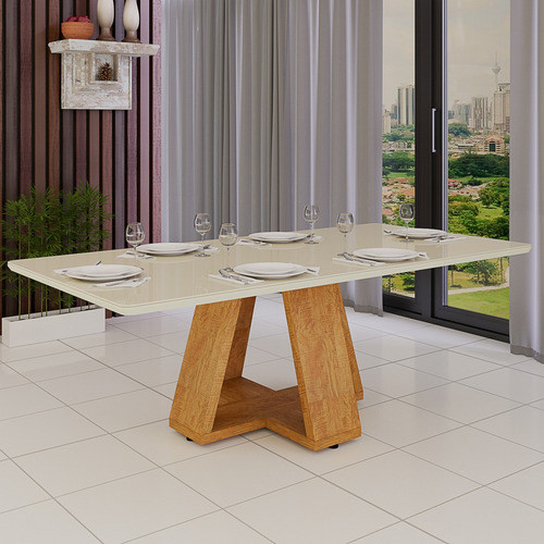 Mesa De Jantar 6 Lugares Mdf C/ Tampo De Vidro Temperado 4mm