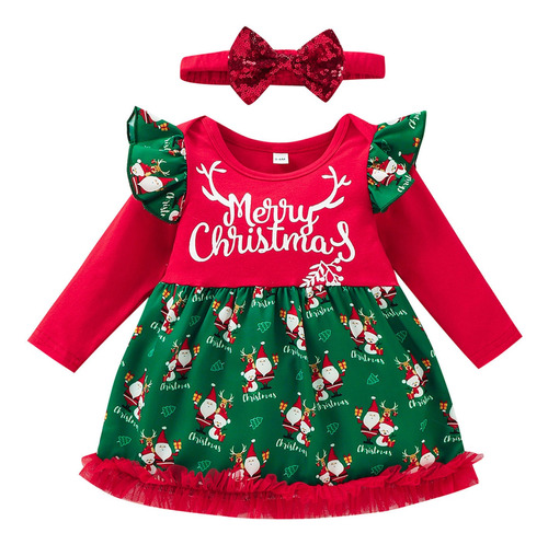 Ropa De Bebé Niña Navidad Manga Voladora Estampado Sant 9937