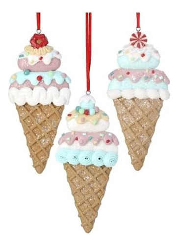 Pastel Ice Cream Cone Ornaments - Set Of 3 - Festive Cl...