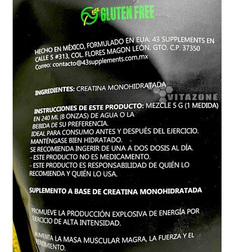 Imagen 5 de 12 de Creatina 1 Kg 200 Servicios 43 Supplements