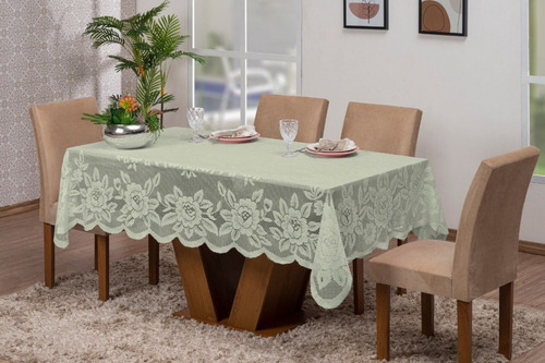 Toalha De Mesa Com Tecido Renda 6 Assentos Branca Cor Verde