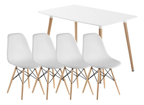 Juego De Comedor Linea Eames Mesa 1,40 X 80m + 4 Sillas Dsw Color Blanco Diseño De La Tela De Las Sillas Liso