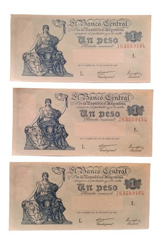 3 Billetes 1 Peso L - Arg 1949 - Bottero 1836 - S/c Y Correl