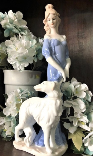 Estatua Mulher Com Cachorro Decorativa Porcelana 31cm