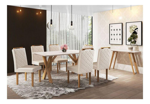 Conjunto Sala De Jantar 6 Cadeiras Em Linho Off White, Mel