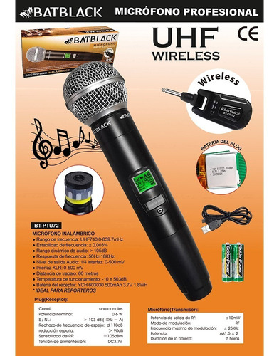 Microfono Inalambrico Profesional Uhf Batblack Bt-ptu72