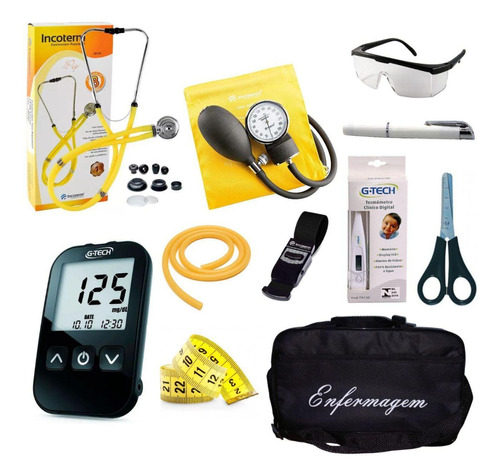 Kit De Enfermagem Amarelo Com Medidor De Pressão E Glicose