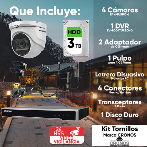 Epcom Kit De 4 Camaras De Seguridad Metalicas Eyeball 8mp Protección Ip66 Para Uso Exterior + Dvr 4ch Turbohd Con Detección De Movimiento Y Salida De Alarma +3tb Hdd Modelo Ev8004e4k-plus+3tb