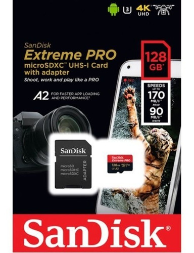 Micro Sd Sandisk Extreme Pro 128gb U3 A2 4k Uhd R170/w90