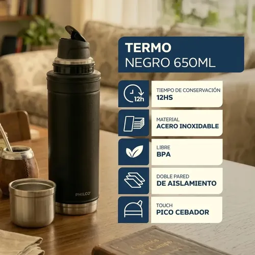 Termo Philco T650 Acero Inoxidable 650 Ml Con Pico Cebador Doble Pared