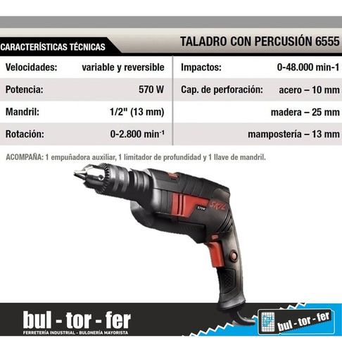 Imagen 3 de 5 de Taladro Percutor 570w Skil 6555 Veloc Variable 13mm