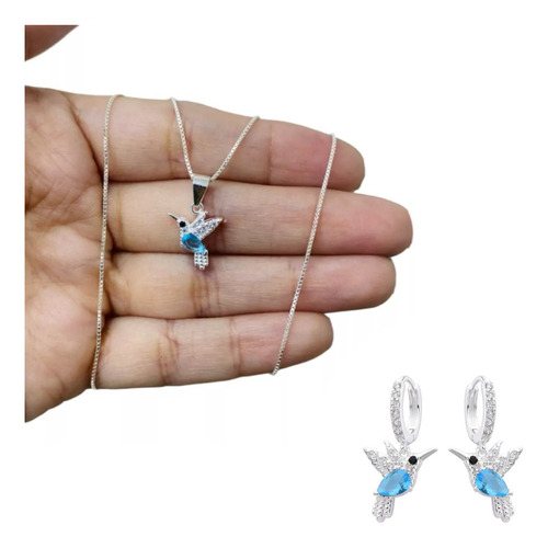 Set Cadena Aros Dije Plata 925 Mini Colibrí Zircón Mujer