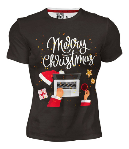 Playera Sublimada Full Merry Christmas Santa Laptop Café