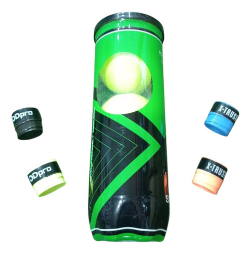 Combo Padel Tubo Pelotas X3 + 4 Grips Tenis Paddle Color Negro