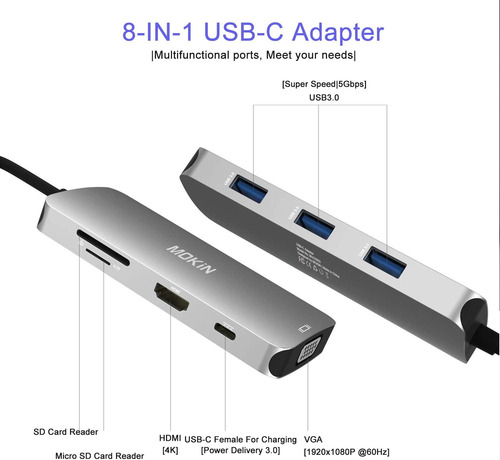 Adaptador Usb C A Hdmi Vga Lector Sd/tf Usb 3.0 Usb-c