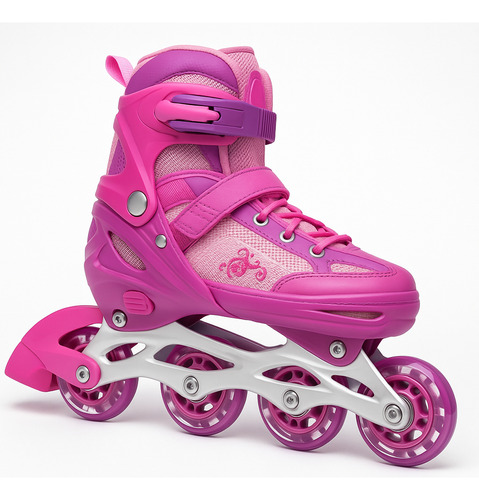 Rollers Princesas Nenas + Kit Protección Casco Y Rodilleras Talle Unico 6.6 Cm Rosa
