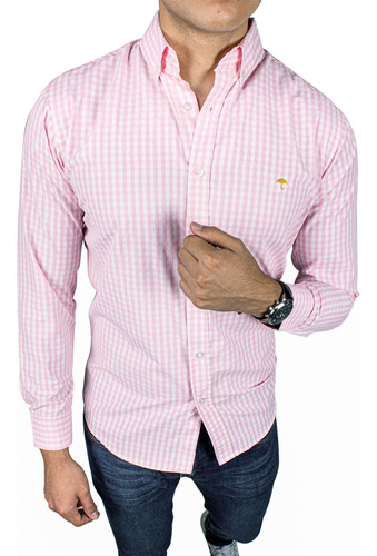 Camisa Hombre Manga Larga Slim Fit Cuadros Rosas, Blancos