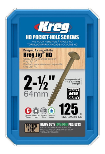 Kreg Jig® Hd Pocket Hole Screws 125 Ct Sml C2x250 125 Inovatools