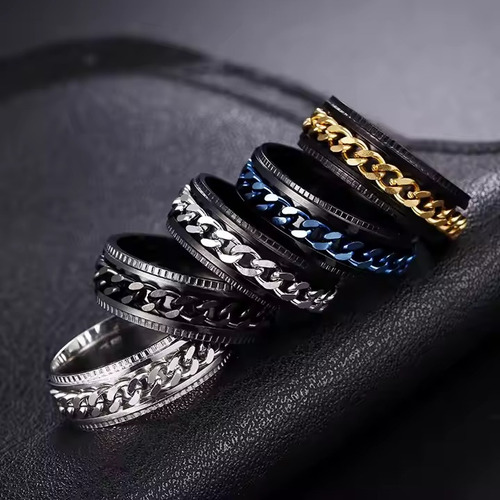 Anillo Anti Estrés De Acero Cadena Giratorio Unisex Ansiedad Plateado 6