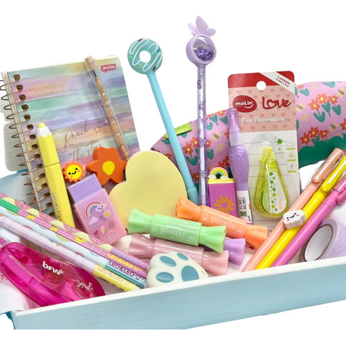 Kit Material Escolar Aulas Papelaria Fofa Kawai 30 Itens