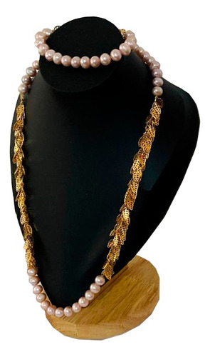 Collar Con Pulsera Perla Natural Cultivada Chapa De Oro 18k