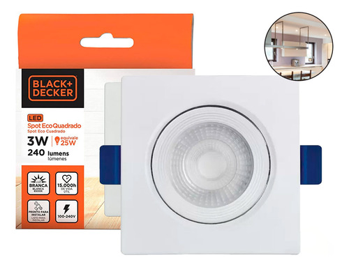 Spot Led Quadrado Branco Frio 6500k 3w Black+decker