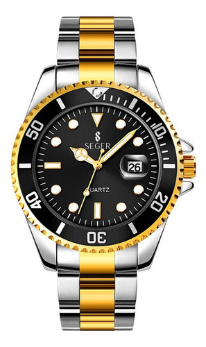 Imagen 1 de 8 de Reloj Mimimalista Elegante Seger 1779 Acero Fecha ! Color De La Malla Plateado/dorado Color Del Bisel Negro