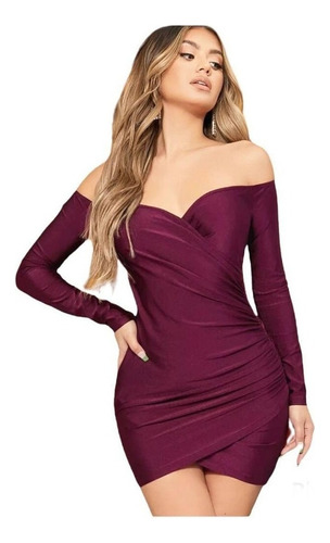 Vestido Satén Sexy Licra Satinada Cruzado Manga Larga