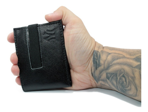 Carteira Masculina Slim Fecho Em Elastico Em Couro Legitimo Cor Preto