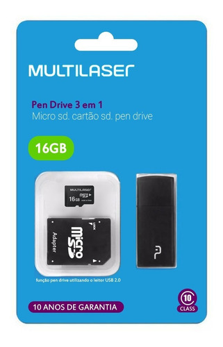 Imagem 1 de 2 de Cartao Memoria 16gb + Adaptador + Leitor Usb Multilaser M112
