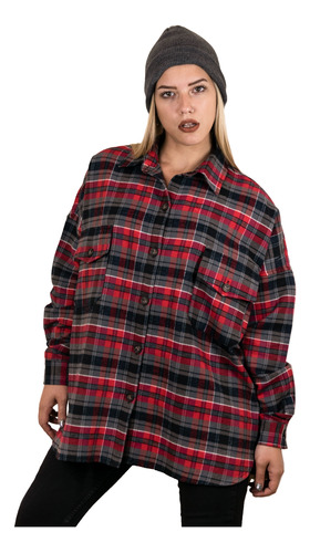 Camisa Oversize Leñadora Gris / Rojo Mujer Blackmapa 