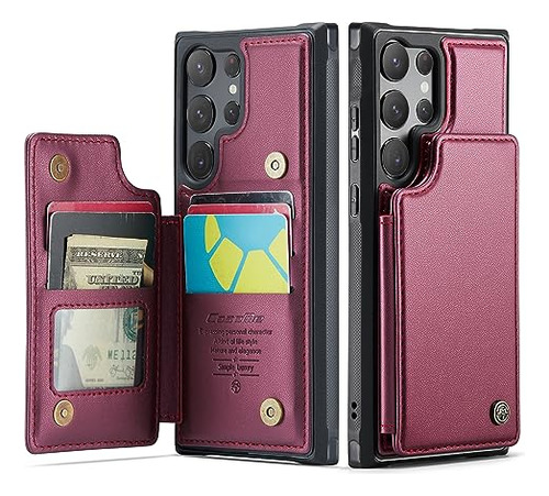 Funda Cartera Para Galaxy S22 Ultra 5g Wine Rojo Piel Sin -2