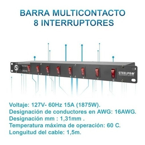 Steelpro - Barra Multicontacto 8 Interruptores - 127v Sw-8