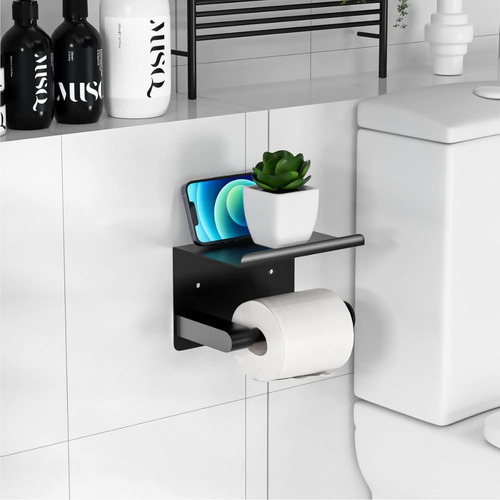 Timotech Porta Rollos De Papel De Baño Cromado Con Estante Color Negro