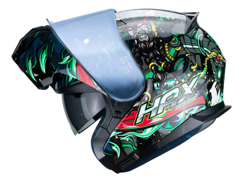 Hax Casco Moto Abatible Certificado Ece 06 Amatista Ragnarok Color Negro/verde Tamaño Del Casco S - Chico