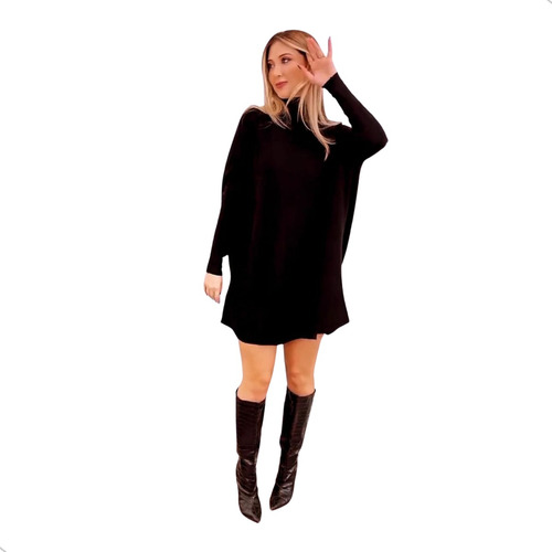 Mini Vestido Feminino Manga Longa Em Lanzinha Estilo Poncho 