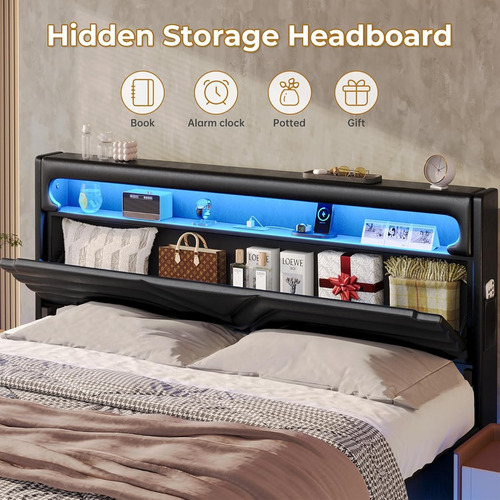 Base De Cama King Size C/ Cabecera Con Luz Led & Usb Black